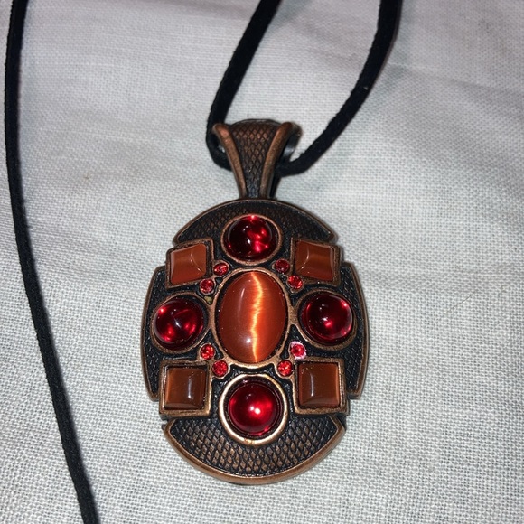 Necklace, copper base with 4 red glass stones, and 5 orange cat eyes $29 - Picture 3 of 13